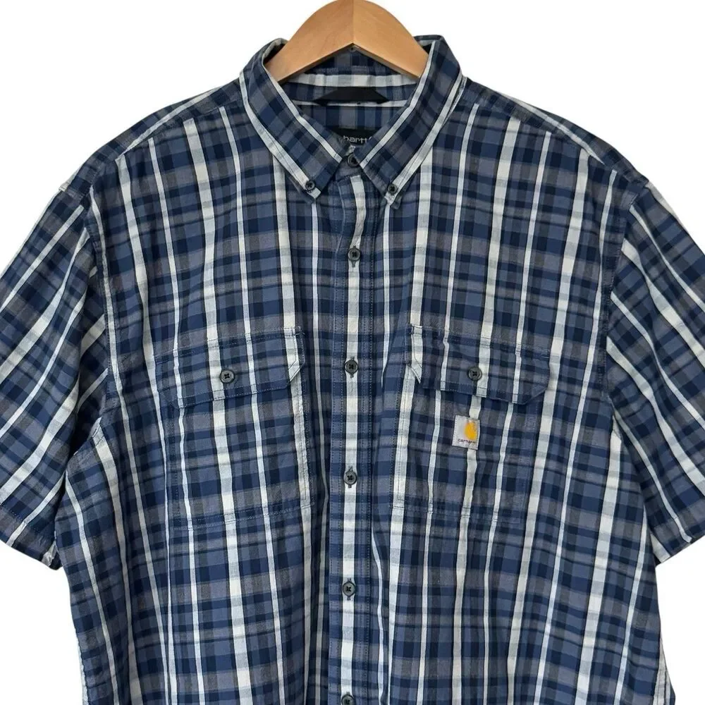 Carhartt Men 2XL Loose Fit Blue Plaid Button Down Shirt Short Sleeve Workwear - Picture 2 of 9